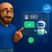 Personaje señalando un chatbot automatizado con atención 24/7 para WhatsApp, Messenger y Facebook