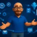 Personaje presentando flujo de automatización con íconos de CRM, redes sociales, email y tareas en fondo azul oscuro