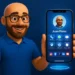 Personaje mostrando una vCard digital en smartphone con accesos a contacto, redes sociales, ubicación y sitio web